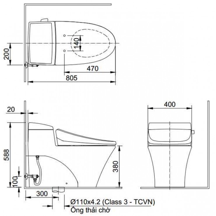 Bản vẽ kích thước bồn cầu INAX nắp rửa cơ AC-1017R+CW-S32VN/BW1