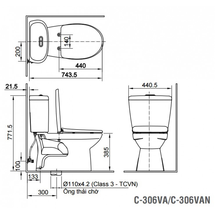 Bản vẽ bồn cầu INAX 2 khối C-306VA/BW1