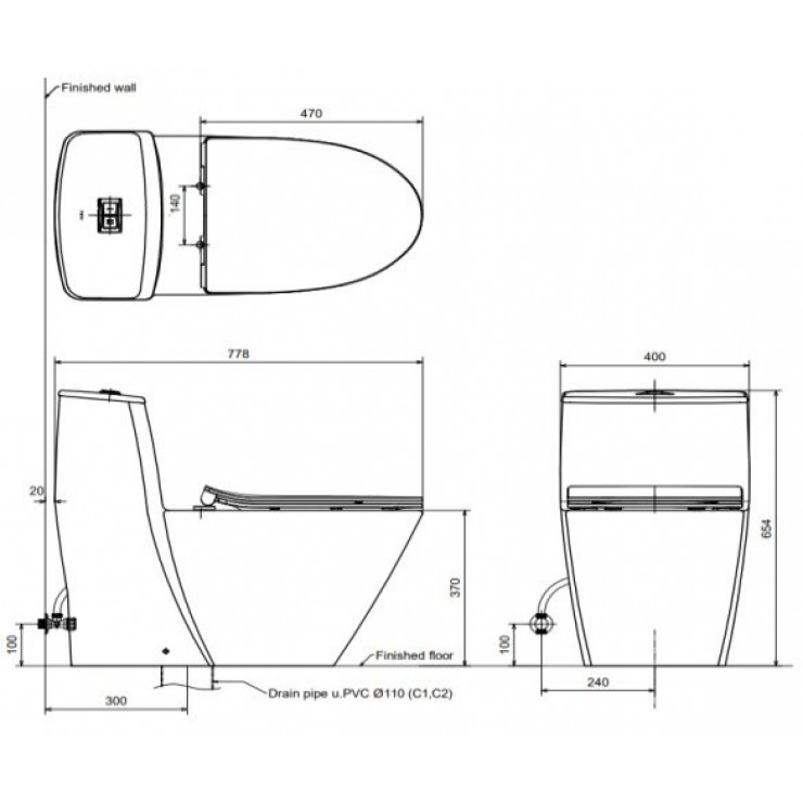 Bản vẽ kỹ thuật bồn cầu INAX 1 khối AC-919VRN/BW1