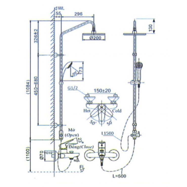 Bản vẽ kỹ thuật vòi sen tắm cây Inax BFV-1115S