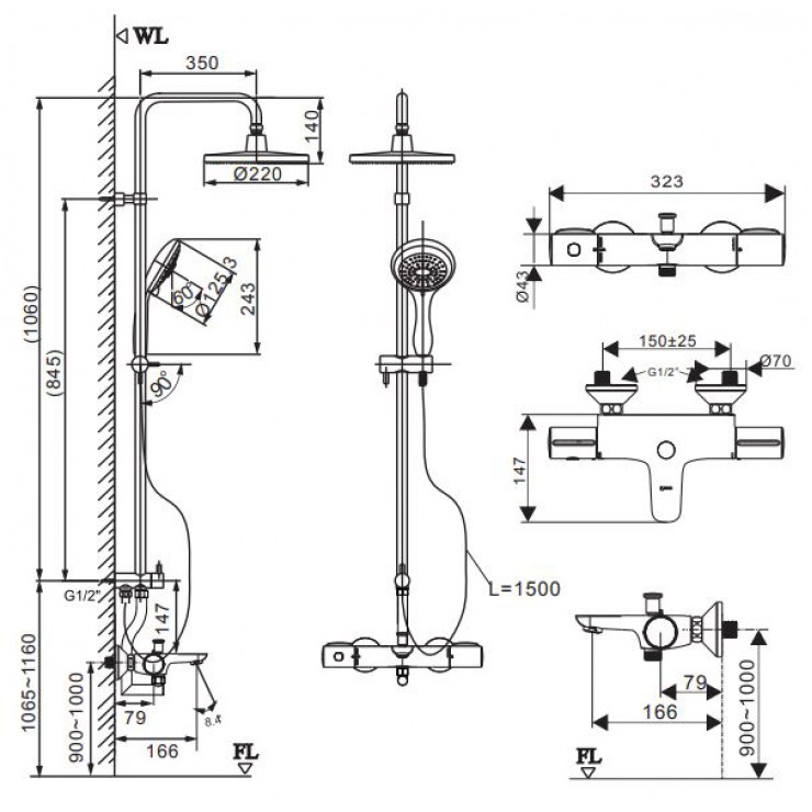 Bản vẽ kỹ thuật vòi sen tắm cây Inax BFV-3415T-7C nhiệt độ