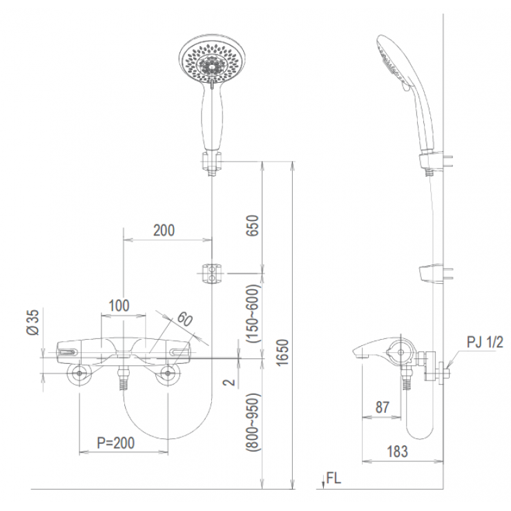 Bản vẽ kỹ thuật vòi sen tắm Inax BFV-5103T-5C nóng lạnh
