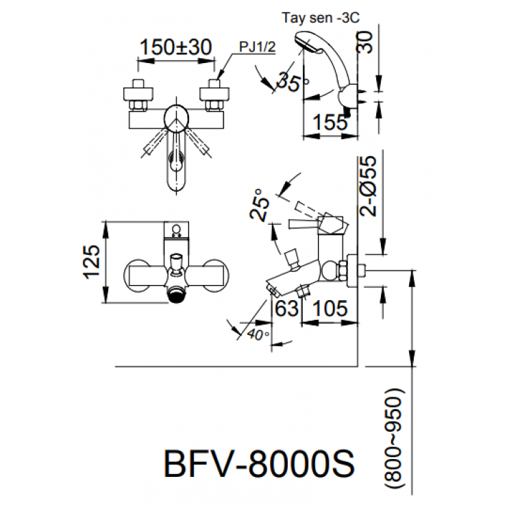 Bản vẽ kỹ thuật vòi sen tắm Inax BFV-8000S-5C