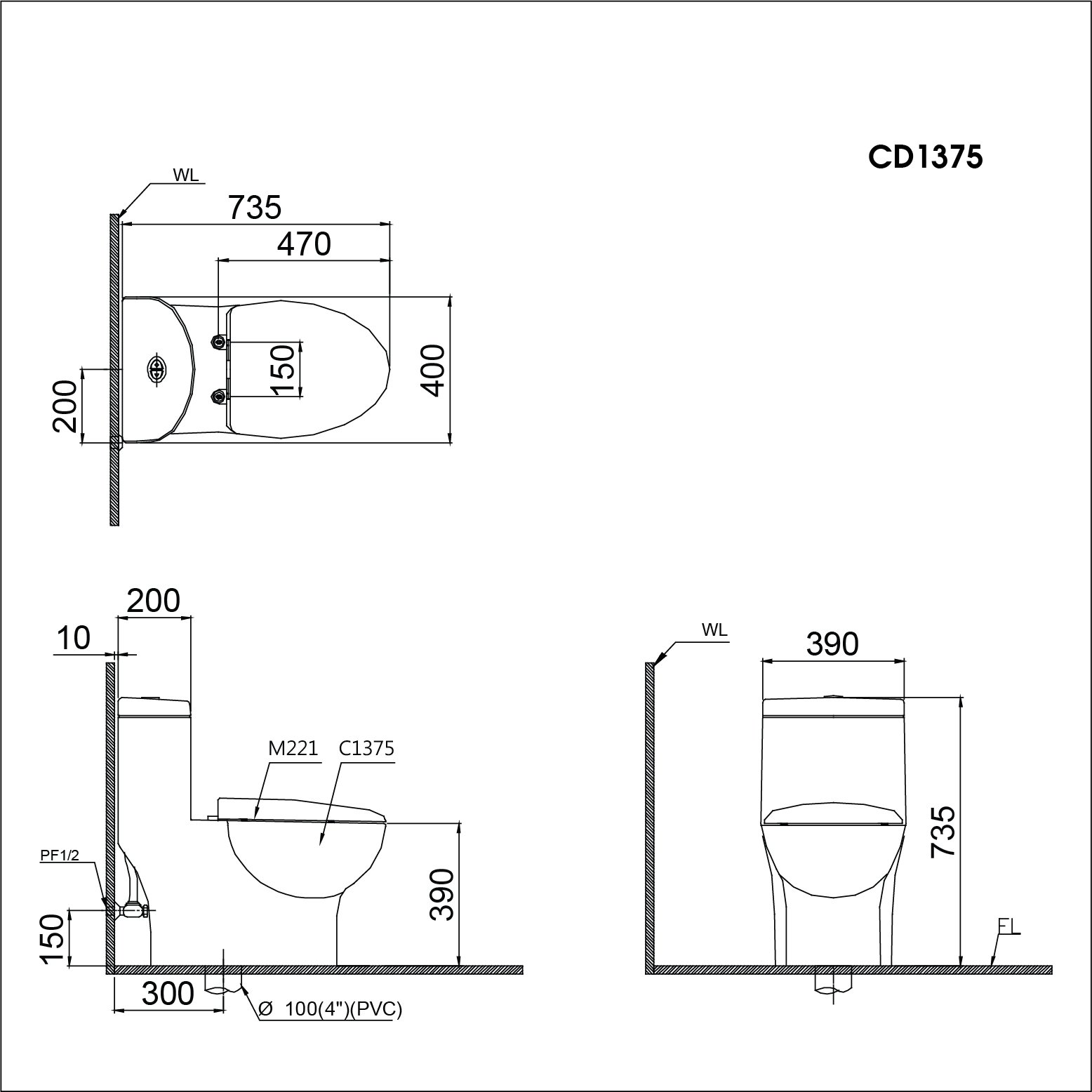 Bản vẽ kỹ thuật bồn Cầu Nắp Rửa Cơ Caesar CD1375+TAF060