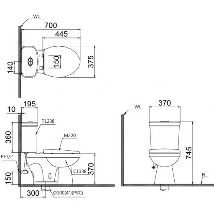 Bản vẽ kỹ thuật bồn Cầu Nắp Rửa Cơ CAESAR CD1338+TAF050