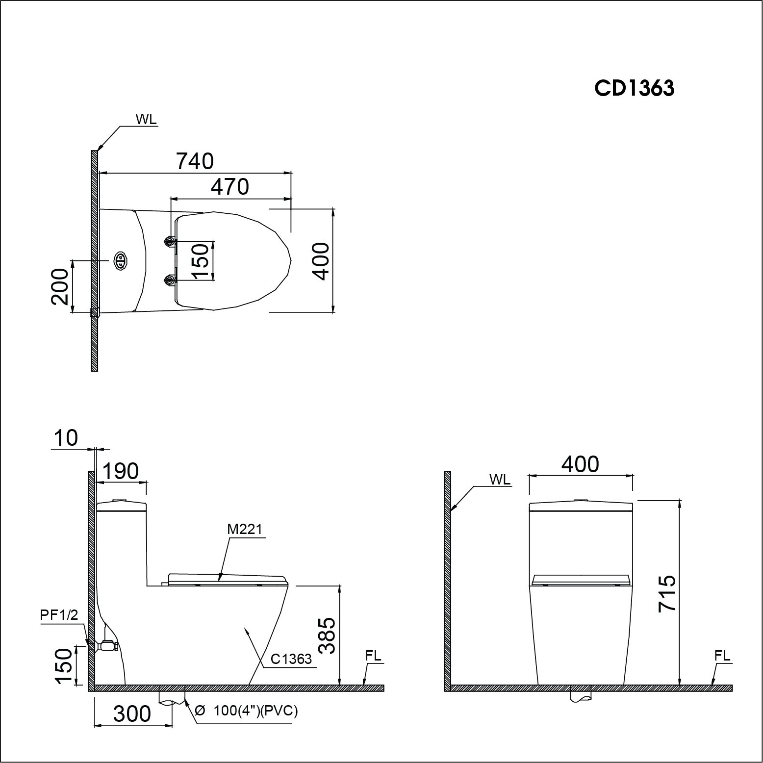 Bản vẽ kỹ thuật bồn Cầu Nắp Rửa Cơ Caesar CD1363+TAF060